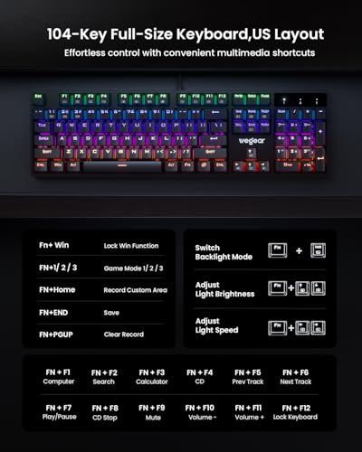 RGB Mechanical Gaming Keyboard Blue Switch, 104 Keys Full-Size Light Up Key-board with 11 Backlit Modes, Anti-Ghosting, Double-Shot ABS Keycaps, USB Wired Computer Key board for Windows PC Gamer