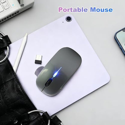 Wireless Bluetooth Mouse, Rechargeable Computer Mouse, Grey | Dual Mode - BT5.2 & 2.4G,Long Lasting,Silent RGB LED Mice,Slim Portable Mouse for Laptop,PC,Tablet,MacBook,iPad,Apple Devices - color: Grey