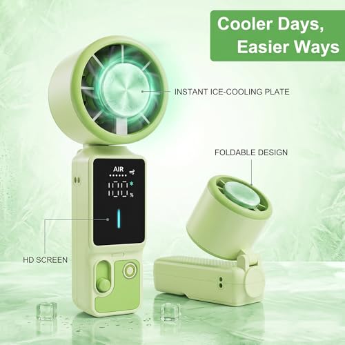 Portable Handheld Fan, 100-Speed Turbo Rechargeable Mini Fan | 3-in-1 Wearable Foldable Fan with Ice Compress Cooling. Ideal for Travel, Outdoor, Office. Compact & Long Battery Life. - color: Green
