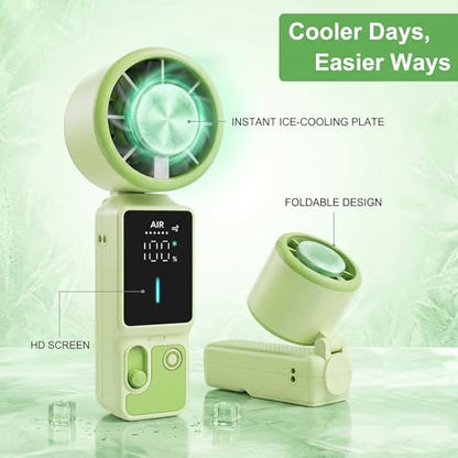 Portable Handheld Fan, 100-Speed Turbo Rechargeable Mini Fan | 3-in-1 Wearable Foldable Fan with Ice Compress Cooling. Ideal for Travel, Outdoor, Office. Compact & Long Battery Life. - color: Green