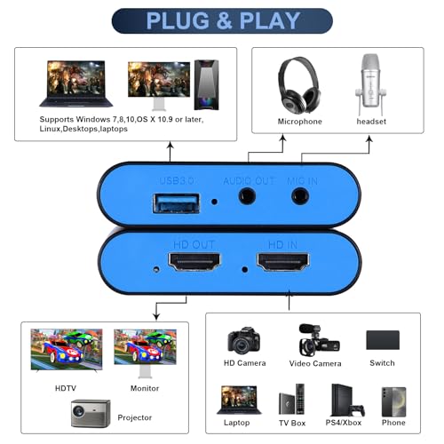 USB Capture Card for Streaming, YUY2 1080P 60FPS for Switch/PS5/Xbox/DSLR | 4K HDMI Pass-Through, 3.5mm Mic-in, Plug & Play No Drivers, for OBS Twitch YouTube, Windows/Mac Compatible - color: Blue