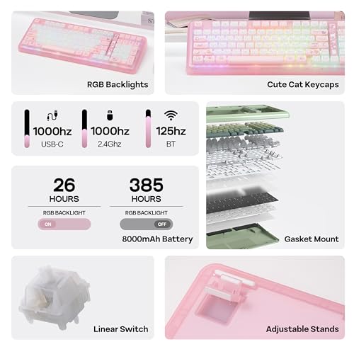 KiiBoom Phantom98 Lite 96% Wireless Mechanical Gaming Keyboard, VIA Programmable, Creamy Keyboard with Gasket, 8000mAh Battery, Hot Swap, RGB Backlits, NKRO for Win/Mac (Pink, Mochi Switch) - color: Pink, size: Mochi Switch