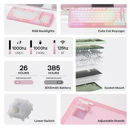 KiiBoom Phantom98 Lite 96% Wireless Mechanical Gaming Keyboard, VIA Programmable, Creamy Keyboard with Gasket, 8000mAh Battery, Hot Swap, RGB Backlits, NKRO for Win/Mac (Pink, Mochi Switch) - color: Pink, size: Mochi Switch