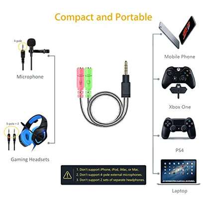 MillSO Headphone Mic Splitter [2 Pack] 3.5mm Headset Adapter 2 TRS Female to TRRS Male CTIA Stereo Audio Mic Jack Y Splitter for Dual-Plug Gaming Headset to Xbox, PS4, Phone, Laptop, PC - size: 2 Pack / 0.6 Feet