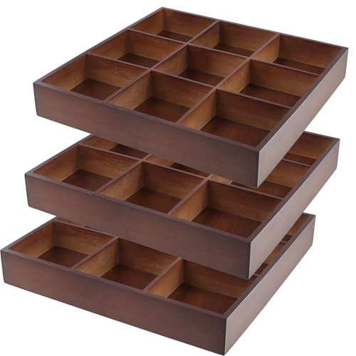 FUNSUEI 3 PCS Multi Compartment Wooden Tray, Grid Display Bamboo Serving Tray with 9 Sections, Wood Drawer Organizer Divided Snack Storage Box for Jewelry, Card Sorting, 13x13x2 Inch Dark Brown - size: 3 PCS 9 Sections