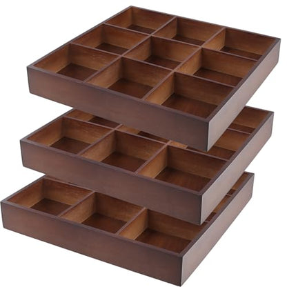 FUNSUEI 3 PCS Multi Compartment Wooden Tray, Grid Display Bamboo Serving Tray with 9 Sections, Wood Drawer Organizer Divided Snack Storage Box for Jewelry, Card Sorting, 13x13x2 Inch Dark Brown - size: 3 PCS 9 Sections
