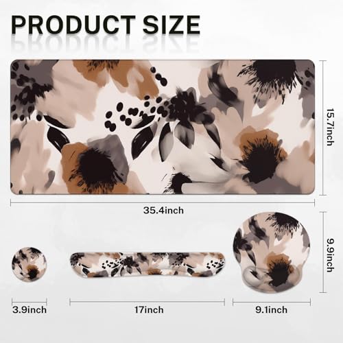 Britimes Brown Boho Tribal Flower Keyboard Mouse Pad Set 4in1 Large Mousepad+Keyboard Wrist Rest+Mouse Wrist Rest+Coaster Set with Ergonomic Design for Home Office Computer 35.4x15.7 inches - color: Brown Boho Flower