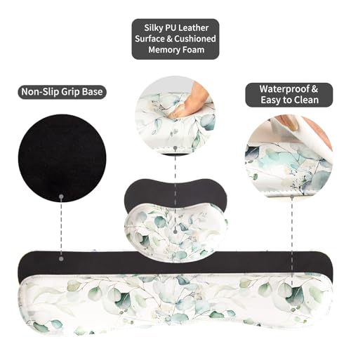 QIYI PU Leather Desk Mat Set, 4-in-1 Ergonomic Wrist Rest, Eucalyptus | Waterproof Large Mouse Pad 31.5×15.7 + Keyboard Wrist Rest + Mouse Wrist Support+Coaster, Non-Slip Office Gaming Accessories - color: Eucalyptus Branches