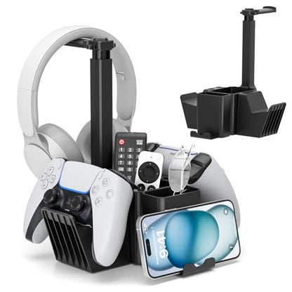 KDD Dual Controller Holder with Headphone Stand - Multi-Functional Desk Storage Box with Phone Holder - Universal Controller Stand with Desktop Organizer for Remote Control Pen Accessories(Black)