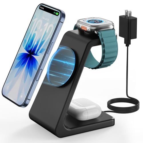 Magsafe Wireless Charging Station for iPhone: 3 in 1 15W Magnetic Portable Desktop Charging Station for iPhone17/16/15/14/13/12 Series, Apple Watch, AirPods 4/3/2/Pro - color: Matte Black