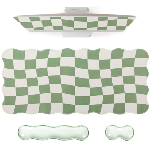 L-SPOUTTO Green Checkered Mouse Pad Set,Scalloped XXL Desk Mat + Ergonomic Mouse Wrist Rest + Gel Keyboard Wrist Rest for Keyboard 65%/75%,3in1 Large Desk Pad for Desktop Home Office Computer Game - color: Green Checkered