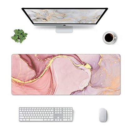 Rose Gold Marble Mouse Pad Abstract Pink Desk Mat 31.5x11.8 Inch Marbled Texture Non-Slip Rubber Base Large Rose Gold Mousepad Stitched Edges Keyboard Mouse Mat Desk Pad for Office Home Game - color: Rose Gold Marble