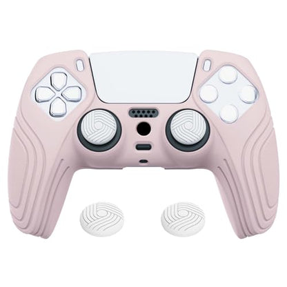 eXtremeRate PlayVital Samurai Edition Cherry Blossoms Pink Anti-Slip Controller Silicone Skin for ps5, Ergonomic Soft Rubber Protective Case for ps5 with White Thumb Stick Caps - color: Cherry Blossoms Pink