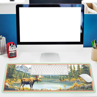 Moose Landscape Mouse Pad, Mountain Lake Gaming Desk Mat Waterproof Stitched Edges Rubber Base Non-Slip Deskmap Computer Keyboard Mat, 31.5x11.8in Desk Home Office Gaming - color: Moose Landscape, size: 31.5x11.8in