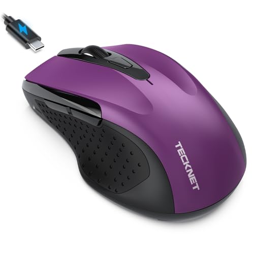 TECKNET Rechargeable Jiggler Wireless Mouse, Dual-Mode Connectivity, Purple | Silent USB A & Bluetooth Mouse, 6 Adjustable DPI, 6 Buttons, Ergonomic Design, Long Battery Life, Multi-Device Compatibility - color: Purple