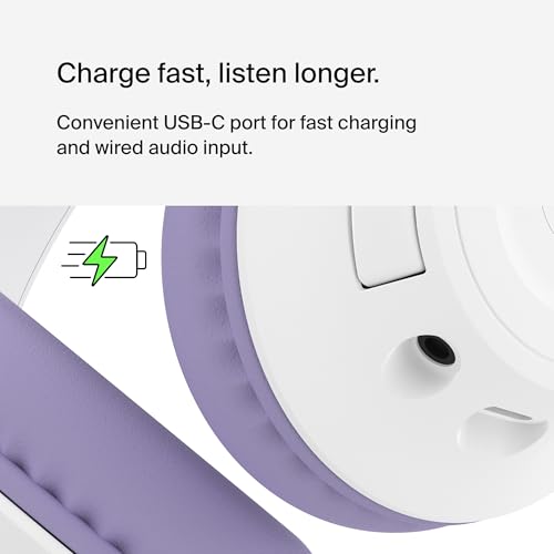 Belkin SoundForm Inspire Bluetooth Kids Headphones, 35H Battery Life | Over-ear wireless headset, built-in mic, 85dB safe volume limit, online learning, travel, iPad, iPhone, Galaxy - color: Lavender, style: Wireless