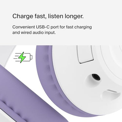 Belkin SoundForm Inspire Bluetooth Kids Headphones, 35H Battery Life | Over-ear wireless headset, built-in mic, 85dB safe volume limit, online learning, travel, iPad, iPhone, Galaxy - color: Lavender, style: Wireless