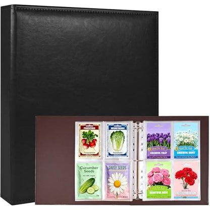 A4 3 Ring Binder Garden Seeds Storage Album with 30 Pcs 3.5x5” Seed Packet Sleeves, PU Leather Hardcover Organization Book for Seed Packet，Photo, Index Card，240 Top Loading Pockets Capacity - color: Black Seed Album