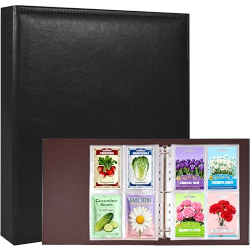 A4 3 Ring Binder Garden Seeds Storage Album with 30 Pcs 3.5x5” Seed Packet Sleeves, PU Leather Hardcover Organization Book for Seed Packet，Photo, Index Card，240 Top Loading Pockets Capacity - color: Black Seed Album