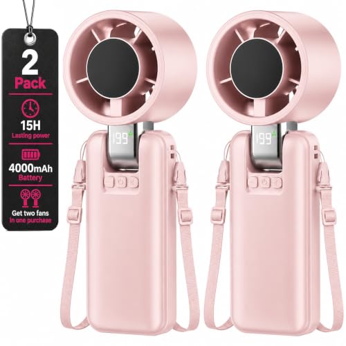 2 Pack Portable Mini Handheld Fan, 199-Level Stepless Speed, Pink | 4000mAh Rechargeable Battery, Quiet, LED Digital Display, Personal Cooling Turbo Fan for Travel, Office, Makeup & Concerts - color: Pink