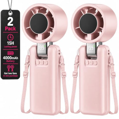 2 Pack Portable Mini Handheld Fan, 199-Level Stepless Speed, Pink | 4000mAh Rechargeable Battery, Quiet, LED Digital Display, Personal Cooling Turbo Fan for Travel, Office, Makeup & Concerts - color: Pink