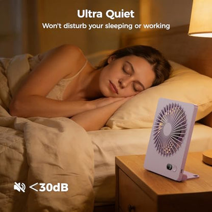Zuvas Desk Fan Small Rechargeable Battery Table Fans for travel Ultra Quiet | 180° Tilt Folding, LED Dislay, Portable Fan Slim Design, 3 Speed Adjustable, for Office Bedroom Desktop, Cruise Essentials - color: Light Purple