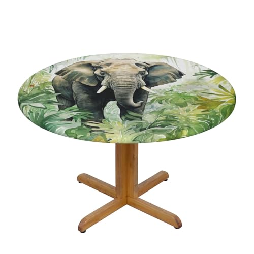 Famame Elephant Palm Leaves Jungle Round Fitted Tablecloth with Elastic Protector Table Kitchen Dinner Waterproof Oil-Proof Table Covers Fits 40"-44", Small - color: Elephant Palm Leaves Jungle, size: Small (40"-44")