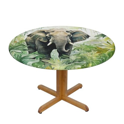 Famame Elephant Palm Leaves Jungle Round Fitted Tablecloth with Elastic Protector Table Kitchen Dinner Waterproof Oil-Proof Table Covers Fits 40"-44", Small - color: Elephant Palm Leaves Jungle, size: Small (40"-44")