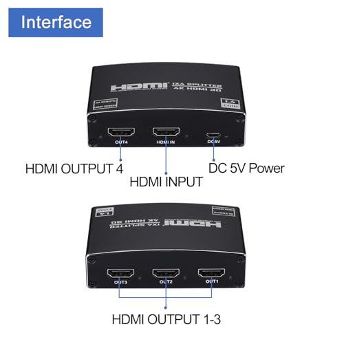 HDMI Splitter 1 in 4 Out, 1x4 HDMI Splitter Audio Video Distributor Box Support 3D & 4K x 2K Compatible for HDTV, STB, DVD, PS3, Projector Etc - size: 1x4 4K@30Hz