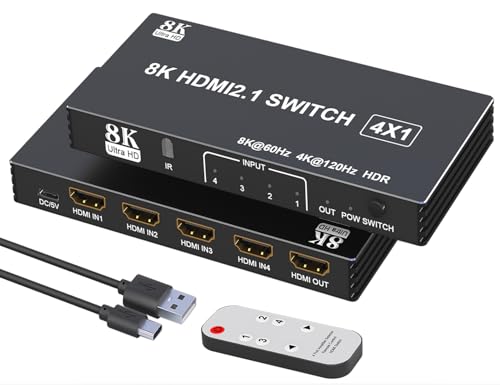 HDMI Switcher 4 in 1 Out - 4 Port 8K HDMI 2.1 Switch with Remote, Supports 8K@60Hz, 4K@120Hz, HDR10+, VRR, 3D, HDCP2.3 – Compatible with PS5, Xbox, Fire Stick, Projector, Monitor HDMI Splitter