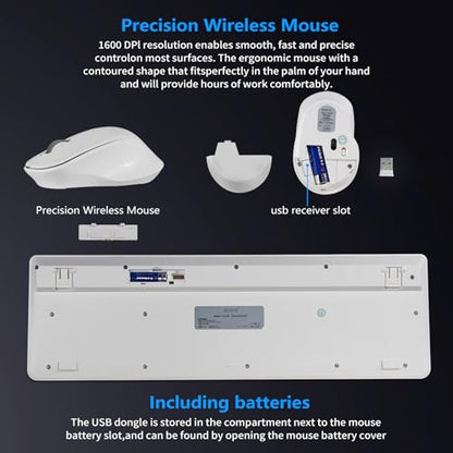 HUO JI Silent Wireless Keyboard and Mouse Combo, Quiet and Soft,Thin, White | 2.4G Full-Size Ergonomic Wireless Computer Keyboard Mouse for Windows, Laptop/PC/PS/Mac Desktop