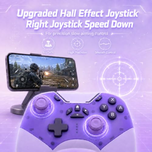 aghi Bluetooth Phone Controller with Hall Effect Joysticks and Phone Clip | Wireless Gamepad for iPhone/Android/TV/PC/Steam/Switch 1/2, with Lock Speed, Macro, 6-Axis Gyro, Vibration, Turbo, Purple - color: Purple