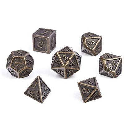 DnDnD Ancient Design Dice, 7PCS Brass DND Metal Dice with Metal Box for Table Games Dungeons and Dragons D&D - color: Ancient Brass