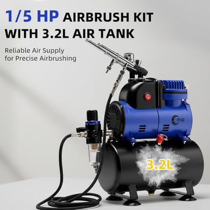 1/5HP Airbrush Compressor Kit with 3 Airbrushes, 3.2L Air Tank | 0.2/0.3/0.8mm Airbrushes with Dual Holders, Cooling Fan and Cleaning Tools for Model Hobby, Craft, Cake & Body Art