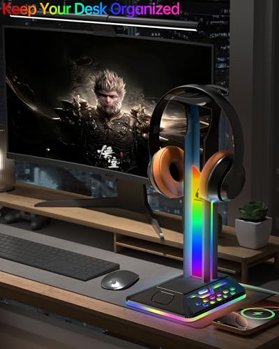 RGB Headphone Stand with 2 USB 2.0 Extension Charging Port Extender Cord,Desk Gaming Headset Holder,Cool LED Headphone Holder PC Gaming Accessories,Gamer Gifts