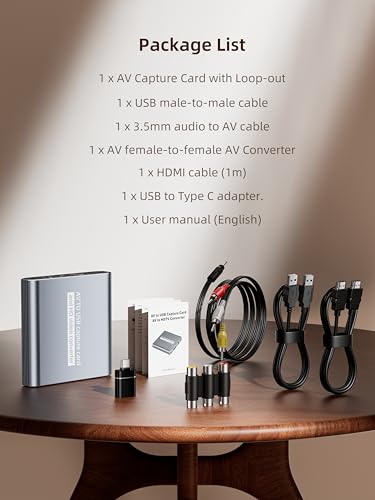 VHS to Digital Capture Card – USB Video Capture Card with HDMI Loop Out, RCA AV to USB for VCR/DVD/Hi8/PS2/Wii, 1080P 30fps Analog to Digital Converter, Effortless Record & Preview Old Videos on TV/PC