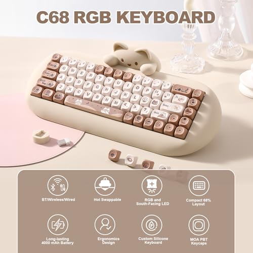 YUNZII C68 Silicone Cute Cat Mechanical Keyboard (Brown,Cocoa Cream Switch) | Wireless Triple Mode BT5.0/2.4G/Wired, RGB Backlit NKRO, Cute Cat Silicone Ergonomic Design for Win/Mac - color: Brown, size: Cocoa Cream V2 Switch