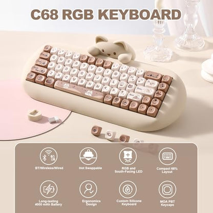 YUNZII C68 Silicone Cute Cat Mechanical Keyboard (Brown,Cocoa Cream Switch) | Wireless Triple Mode BT5.0/2.4G/Wired, RGB Backlit NKRO, Cute Cat Silicone Ergonomic Design for Win/Mac - color: Brown, size: Cocoa Cream V2 Switch