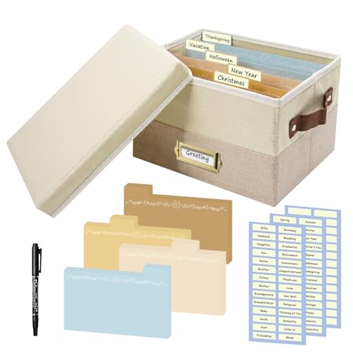 Greeting Card Organizer, Linen Storage Box, Beige Khaki, 1 Pack | 20 Removable Dividers, 84 Labels & 1 Marker, Store Cards Photos Envelopes Postcards Stickers - color: Beige&Khaki