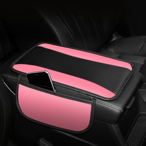 Hiseanllo Car Center Console Cover with Side Storage Pockets, Patchwork Leather Armrest Pad with Carbon Fiber Texture, Non-Slip Auto Armrest Cushion Protector for Most Cars, Vehicles, SUVs (Pink) - color: Pink