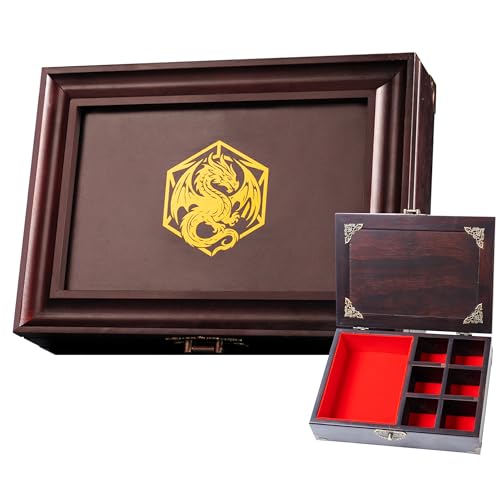Vintage Dice Tray & Rolling Box for DnD - With Adjustable Dividers | Antique-Style Storage Vault, Adjustable Dividers for Dice, Minis & Tokens, Solid Pine, Tabletop RPG Gift for D&D Players - color: Dragon D20 Red Velvet