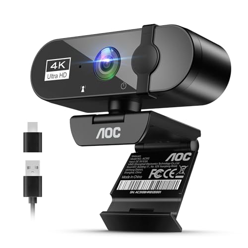 AOC 4k Webcam for PC with Microphone, Computer Camera with Noise Cancellation, Privacy Cover, 99° FOV, Plug & Play USB Webcam for Streaming, Conferencing, Zoom, Skype, Facetime, Laptop, PC, Skype - color: Black