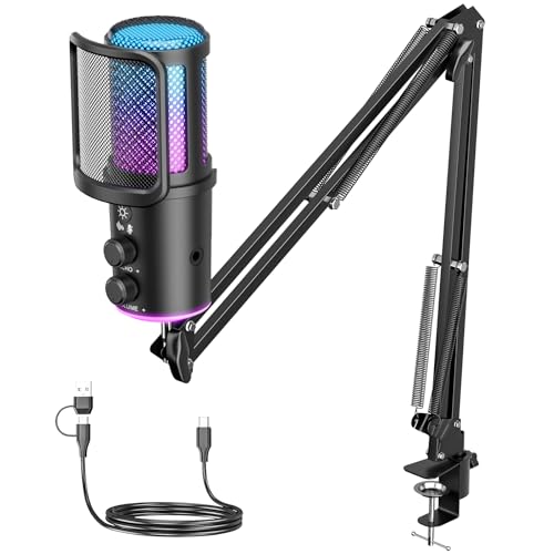 Gaming USB Microphone, Noise Cancellation Condenser Mic with Mute,Boom Arm Mic-Reverb Adjustment, Monitoring for Streaming, Podcasting, Discord, YouTube,PC, Computer, PS4, PS5, Mac - color: Black