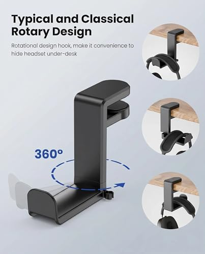 Rotating Headphone Stand, PC Gaming Headset Holder, Adjustable Clamp-on Headphone Mount, Headphones Hanger Hook Under Desk with 360 Degree Swivel, Cable Clip Organizer