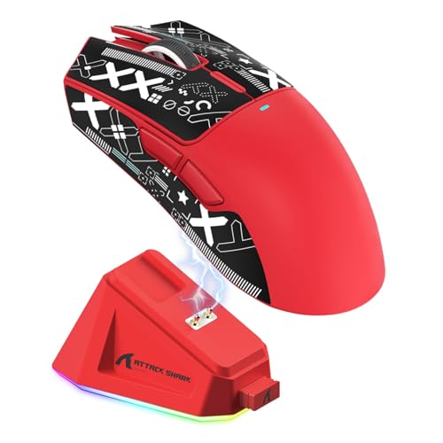 ATTACK SHARK X11 59g Lightweight Wireless Gaming Mouse,RGB Charging Dock,Tri-Mode-BT/2.4G Wireless/Wired Mouse with Grip Tape,22000 DPI,5 Programmable Buttons for Pc/Mac/Xbox(Red&Sticker) - color: Red & Griptape
