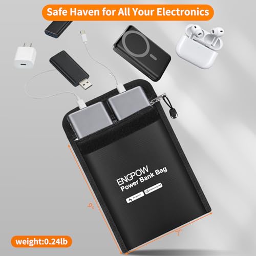 ENGPOW Fireproof Organizer Travel Safe Bag, Portable Electronic Carry Case | Heat Insulated＆Explosion-Proof, Home Travel Storage for Power Bank,Phone,Cables,USB Drive,Charging Protection,9''x7'',Black - size: 9'' x 7''