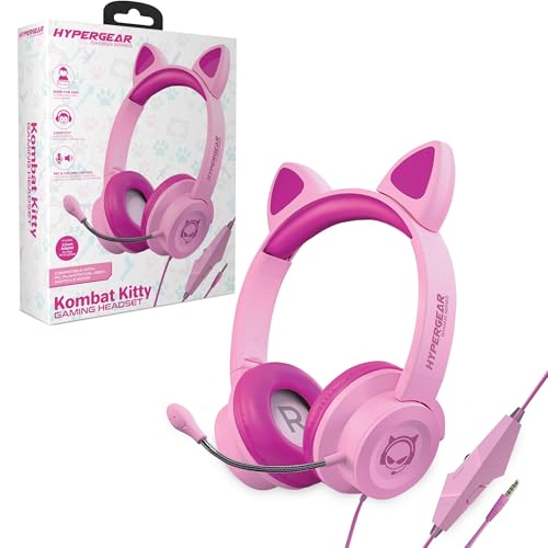 HyperGear Kombat Kitty Headphones for Kids - Cute Cat Ear Kids Headphones with Cord, Gaming Headset with Mic for Girls, Ideal for School, Home & Streaming, Pink - color: Pink