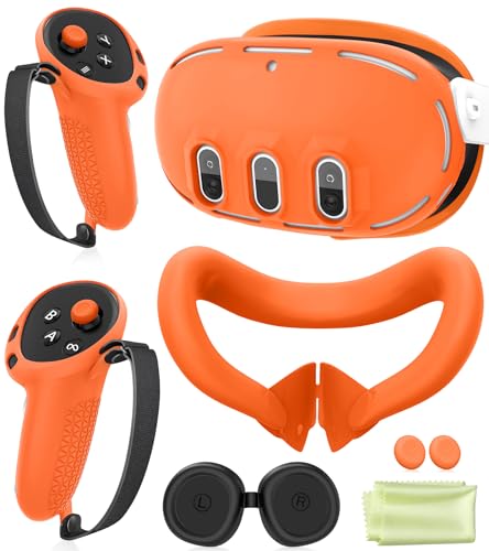 Silicone Cover Set Compatible with Meta Oculus/Quest 3, VR Accessories Protective Cover Includes Controller Grips, Front Shell Headset Cover and Face Cover, Not Fit Quest 3S (Orange) - color: Orange