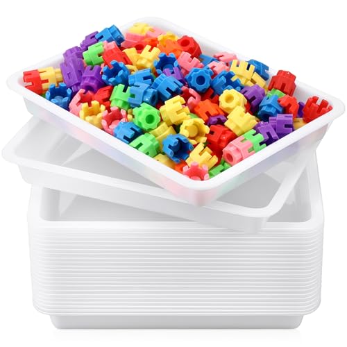 Maitys 24 Pcs Classroom Art Trays Plastic Activity Tray for Kids Craft Stackable Shallow Storage Organizer Serving for DIY School Books Home Painting Projects 9.45 x 7.1 x 1.38 Inch(White) - color: White
