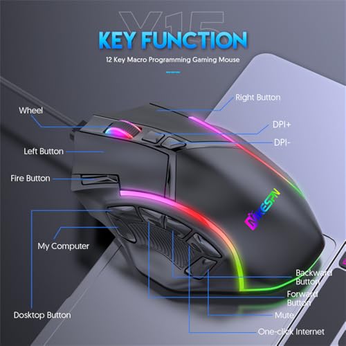 RGB Wired Gaming Mouse with High-Precision 12,800 DPI Adjustment, Customizable RGB Lighting, 12 Programmable Buttons, Ergonomic Comfort Grip Design,for Windows Computer Gamer